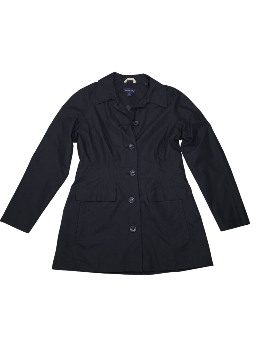 Lands End Trench Coat Jacket Lightweight Womens Size M 10-12 Black Button-Front